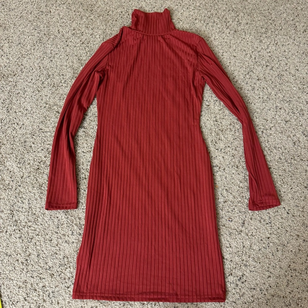 Stretchy Bodycon Turtleneck Ribbed Long Sleeve Red Dress - Picture 5 of 6